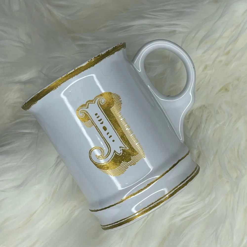 Williams Sonoma J Initial White and Gold Ceramic Coffee Mug
